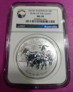 2015 P AUSTRALIA 1OZ SILVER $1 LUNAR Goat - NGC MS 70 - Picture 1 of 6