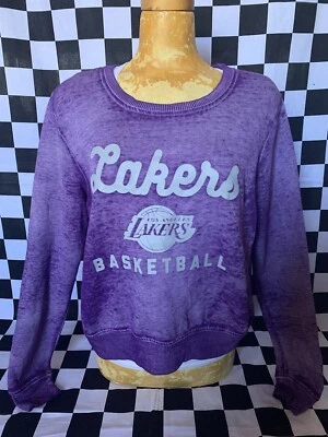 Vintage NBA Logo LAKERS Basketball PURPLE Sweatshirt GRAY Shirt BURN OUT Crop L - Image 1 of 4