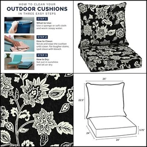 2Pc Patio Chair Cushions Floral Black White Pillow Outdoor Patio Rectangle 24x24 - Picture 1 of 10