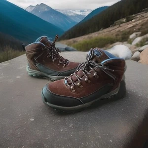 Cabelas Mid Women Hiking Boots 9.5 M Dark Brown Blue Leather Suede Boots - Picture 1 of 6