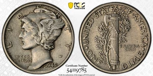 1942/1 PCGS Genuine Cleaned-AU Detail Mercury Silver Dime - Picture 1 of 4