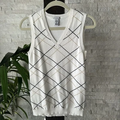 IZOD Golf Plaid Cream Sleeveless Cotton Vest Blouse Size XS - Image 1 of 4