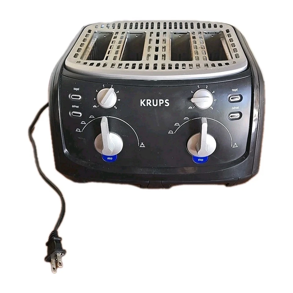 Tostadora de metal negro Krups 4 rebanadas bagel recalentamiento descongelación ajustes E105682 probado Foto 1 de 4