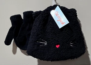 Cat & Jack Girls' 2T-5T Fuzzy Cat Face Winter Black Beanie & Acrylic Mittens Set - Picture 1 of 5