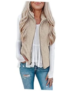Womens Fuzzy Sherpa Fleece Jacket Lightweight Vest Cozy Medium S-khaki - Picture 1 of 7