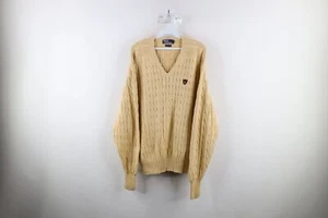 Vtg 90s Ralph Lauren Mens Large Spell Out Crest Cable Knit V-Neck Sweater Beige - Picture 1 of 8