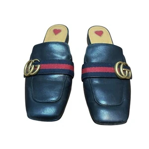 Gucci Black Leather Peyton Square Toe Striped Web Double GG Mules Size 36 - Picture 1 of 10