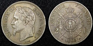 FRANCE Napoleon III Silver 1866 A 2 Francs Paris Mint Toned XF KM# 807.1  (44) - Picture 1 of 3