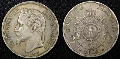 FRANCIA Napoleón III Plata 1866 A 2 Francos París Casa de la Moneda Tonificado XF KM# 807.1 (44) Foto 1 de 3