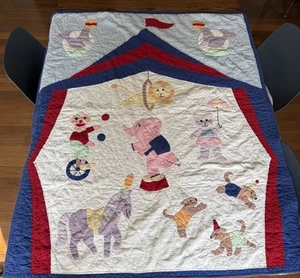 Vtg Hand Quilted Circus Quilt Wall Hanging Animals Clown Juggling 48 x 58 - Picture 1 of 15
