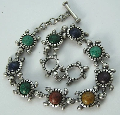 Adorable Brazalete Eslabón Tortuga Piedras Preciosas Cabujón Pollack Relios Esterlina Foto 1 de 4