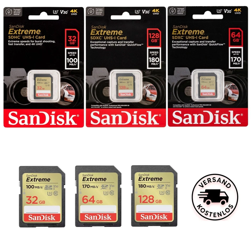 SanDisk Extreme SD Karten 32GB 64GB 128GB bis 180MBs für 4K UHD und Serienbilder - Bild 1 von 1