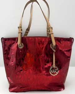 Michael Kors Red JET SET TRAVEL MK EMBOSSED Patent Leather CARRYALL TOTE BAG - Picture 1 of 20