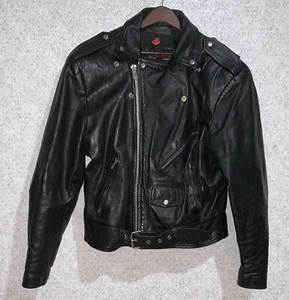 Large Vintage Wilson Men’s Black Leather Motorcycle Belted Jacket - Picture 1 of 9