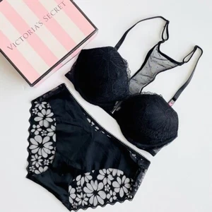 32C XS Victoria’s Secret Conjunto Sujetador Encaje Negro Noshow Encaje Espalda Bikini Bragas - Imagen 1 de 6
