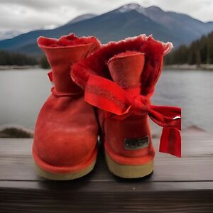 UGG Mini Bailey Bow Red Suede Wool-Lined Boots Size 8