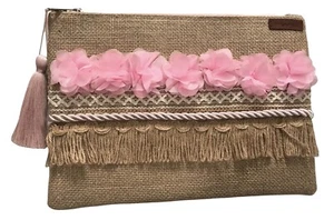 Mim’s Bag Womens Burlap Jute Beach Boho Cruise Envelope Bag Purse Tassel Zip Top - Picture 1 of 8
