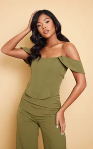 Prettylittlething, Tall Olive Textured Off The Shoulder Corset Top, Size 12 (UK) - Picture 1 of 1