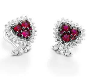 ORECCHINI CUORE IN ORO BIANCO 18K : VERI RUBINI E DIAMANTI NATURALI CERTIFICATO - Picture 1 of 1