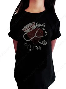 Girls Rhinestone T-Shirt " Love a Nurse " in Size 3 to 14 Available - Picture 1 of 2