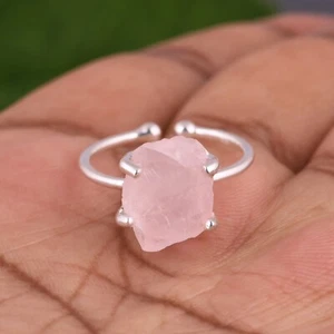 Raw Healing Rose Quartz Sterling Silver Adjustable Ring Handmade Jewelry - Picture 1 of 5