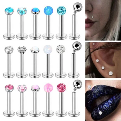 6pc Mixed Opal Zircon Steel Labret Monroe Lip Ear Stud Internal Thread Piercing Foto 1 de 4
