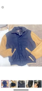 Vintage Dehen 1920 Wool Varsity Jacket - Size Medium - Navy with Brown Leather - Picture 1 of 12