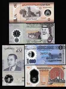 Billetes de polímero de Oriente Medio 5 piezas Emiratos, Arabia Saudita, Marruecos, Libia, Egipto UNC - Imagen 1 de 2
