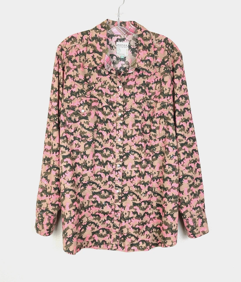 Camisa ocidental feminina Roper tamanho 2X rosa bronzeado tom prata encaixe frontal e bolsos - Imagem 1 de 4