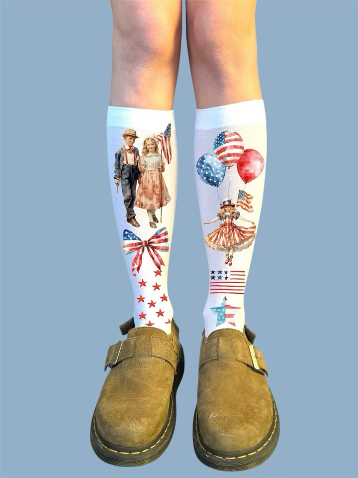 Calcetines hasta la rodilla estilo vintage 4 de julio - estampado patriótico retro para mujer Foto 1 de 2