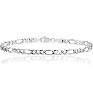 14K Solid White Gold 2.25mm Flat Figaro Link Chain Bracelet - Picture 1 of 20