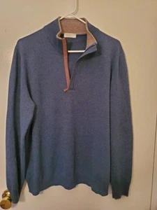 Gran Sasso Cashmere Lana Mens 54 Blue Quarter Zip Sweater with Elbow Patches - Picture 1 of 13