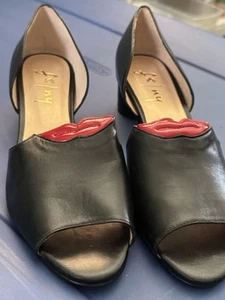 FS/NY French Sole Black Red Lips Leather Round Heel Block Pump Heel Shoe Size 9 - Picture 1 of 10