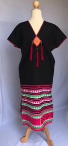 Women's Thai Hill Tribe Black Hemp Long Dress Multi-Color Hand Grip Karen Sz 46" - Picture 1 of 12