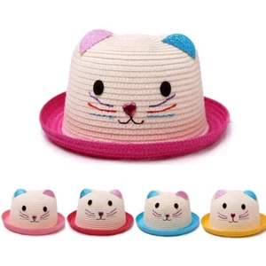 Kids Summer Straw Hat 2022 Cat Ear Sun Hat for Girls Boys Beach Cap - Picture 1 of 3