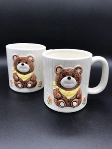 VTG Otagiri Japan Teddy Bear Mugs Coffee Tea Yellow Bandana Flowers 3D Details - Foto 1 di 8