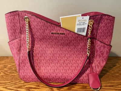 Bolso de hombro Michael Kors Jet Set de viaje cadena grande dorado pálido firma MK Foto 1 de 3