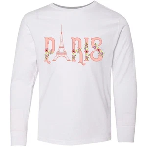 Inktastic Pink Paris Eiffel Tower With Flowers Youth Long Sleeve T-Shirt Trip - Picture 1 of 1