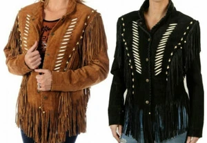 Chaqueta de Cuero de Gamuza Nativa Americana del Oeste con Flecos y Cuentas - Opciones - Imagen 1 de 8