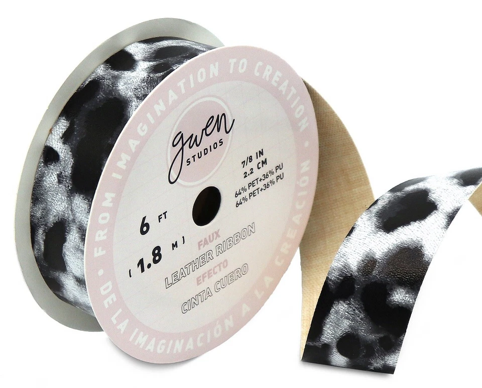 Gwen Studios Faux Leather Ribbon 6' Spool 7/8" Wide Grey Leopard Print NIP - Image 1 of 1