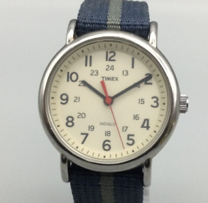 Timex Weekender Watch Men Silver Tone Indiglo Gray Blue Nylon Band New Battery z