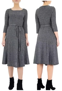 NEW Nina Leonard Sylvia Knit Dress Ribbed Black Silver MIDI SZ L - Picture 1 of 5