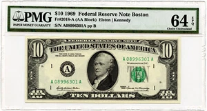 1969 $10 Boston, MA Federal Reserve Note Fr#2018-A PMG Choice UNC 64 EPQ - Picture 1 of 2