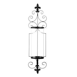 Black Wall Sconce w/ Fleur-De-Lis Design & Clear Glass Hurricane Candle Holder - Picture 1 of 3