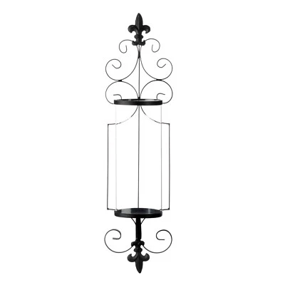 Black Wall Sconce w/ Fleur-De-Lis Design & Clear Glass Hurricane Candle Holder - Image 1 of 3