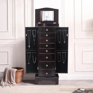 Wooden Jewelry Cabinet 8 Drawers Armoire Box Storage Chest Stand Organizer - Picture 1 of 9