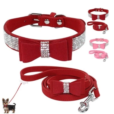 Кожаный ошейник со стразами для собаки и поводок мягкий замшевый бант для домашних животных щенков кошек XXS-M - Изображение 1 из 4