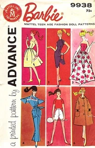 1961 Advance Barbie Doll Wardrobe Pattern 9938 - Picture 1 of 2