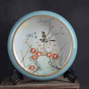 7.1" China Porcelain Hand Painting Blue Glaze Plum Blossom Bird Brush Washer - Picture 1 of 11
