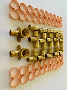 (57 PCS) 3/4" PEX CRIMPING FITTINGS, 2 DROP-EAR ELBOWS with TEE, COUPLING, ELBOW - Picture 1 of 7